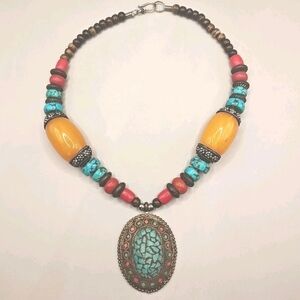 Vtg 50s Bakelite Celluloid Beaded Necklace Turquoise Pendent Boho Artsy Hippie